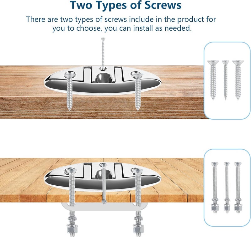 DEDU 4-1/2" Folding Boat Cleat 316 Stainless Steel, Marine Flip Up Dock Cleat 2 Holes, Boat Folding Cleat 6 Inch with Fasteners and Back Plates for Dock Lines Mooring Accessories (4 Pack) - Image 4